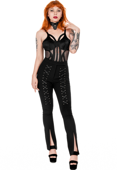 BONDED FLARE TROUSERS, HIGH WAIST LACED UP PANTS