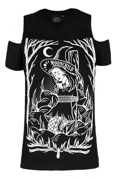 Black gothic T-shirt BURN THE WITCH COLD SHOULDER