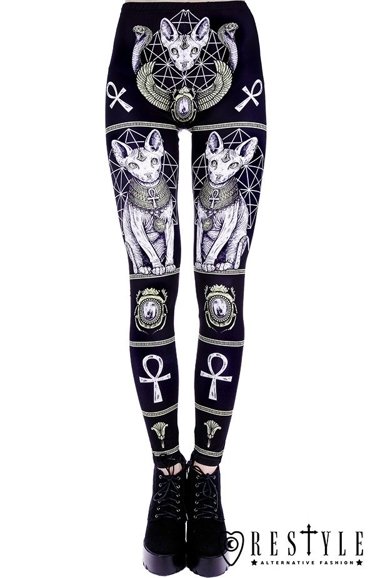Black gothic leggings with sphynx cat, Bastet,  occult trousers "SPHYNX LEGGINGS"