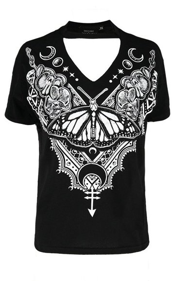 Black gothic women T-shirt with choker HENNA BUTTERFLY V-neck