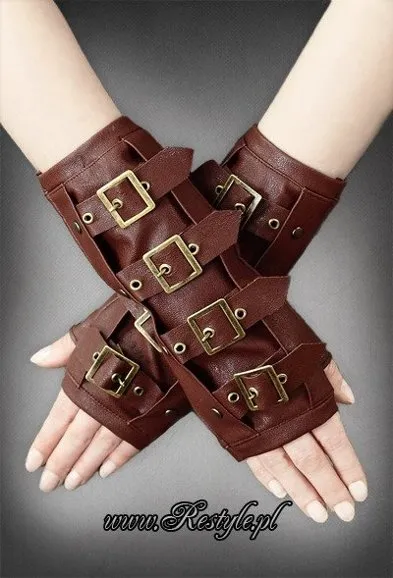 Brown steampunk arm warmers with buckles