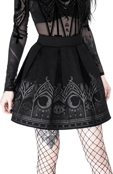 FORTUNE TELLER SKIRT, black gothic pleated short skirt with moon print