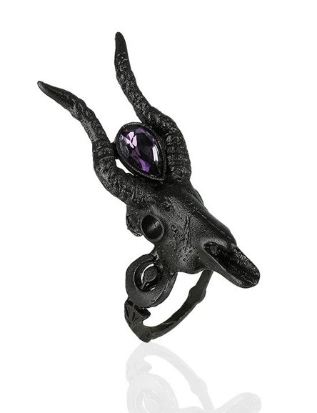 Gothic 3D Black CRESCENT SKULL Ring with opal
