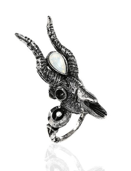 Gothic 3D Silver Crescent Skull Ring with opal