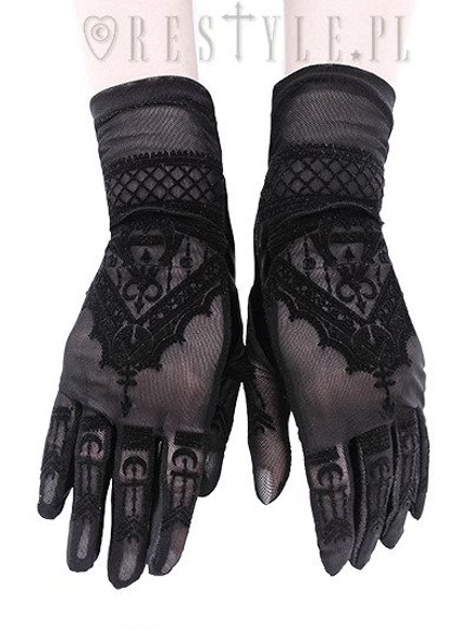 Restyle Luxury Evening Gothic Black Lace and Satin Two Gloves with Bow for Women 