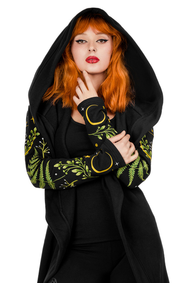 Long pagan HERBAL Hoodie with fern and crescent oversized hood
