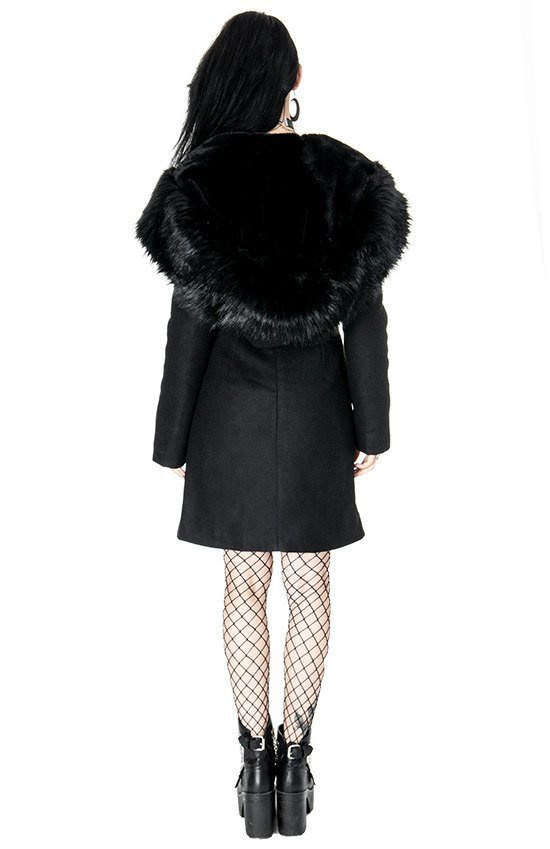 black fitted coat with fur hood