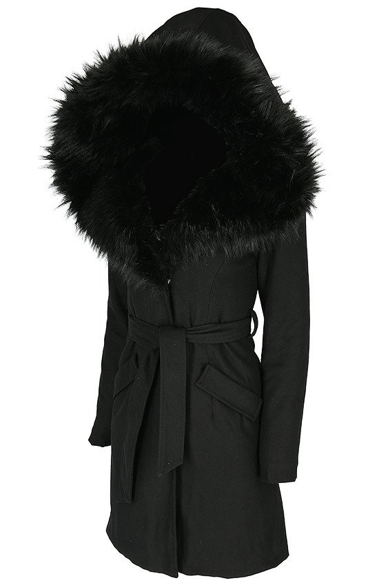 black winter coat with black fur hood