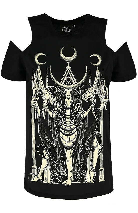 handel ironie heb vertrouwen Black gothic T-shirt goddess HECATE COLD SHOULDER - Restyle