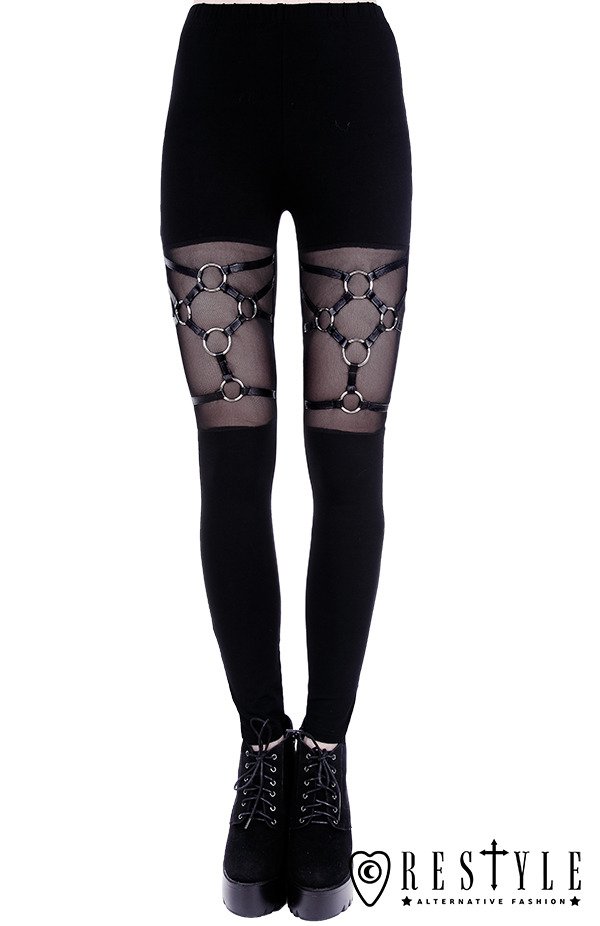 Black gothic leggings, leather straps, nugoth trousers 