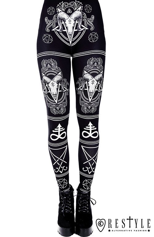 Black gothic leggings with Ram skull and pentagram SATANIC