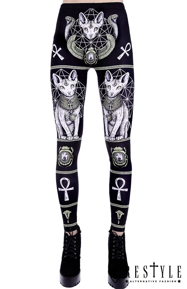 Black gothic leggings with sphynx cat, Bastet, occult trousers