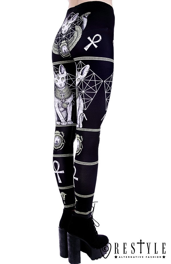 Restyle Sphynx Cat & Ankh Scarab Beetles Egyptian Occult Witch Black Leggings 