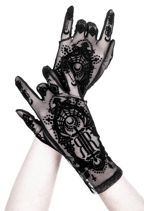 Restyle Handschuhe Gothic Guipure-edel-filigran-Netz-Dots-schwarz 
