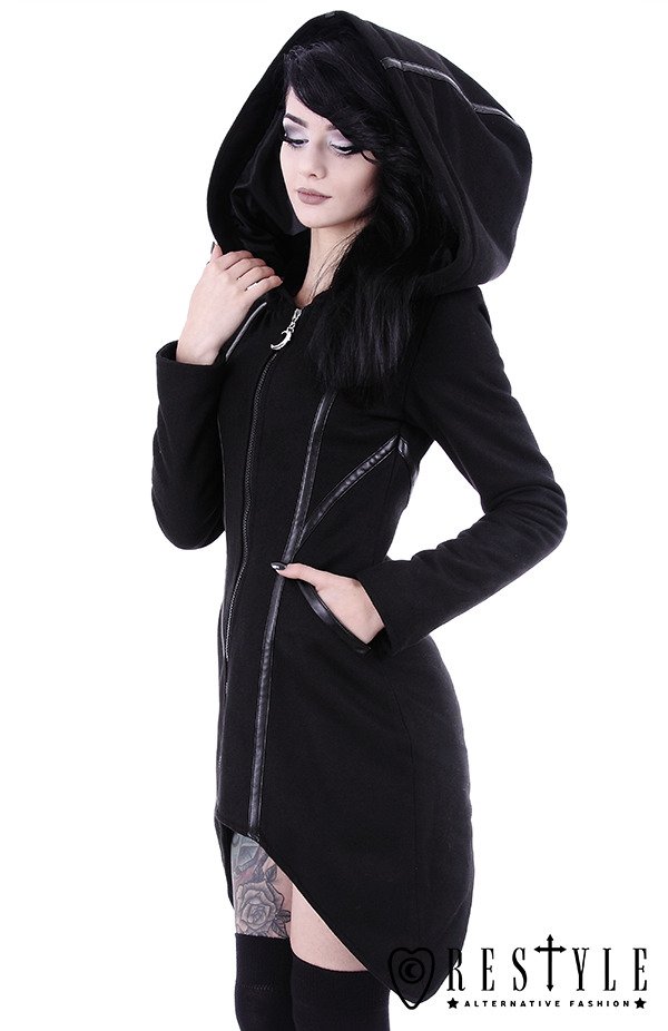 Black gothic winter coat with pockets, huge hood, jacket 
