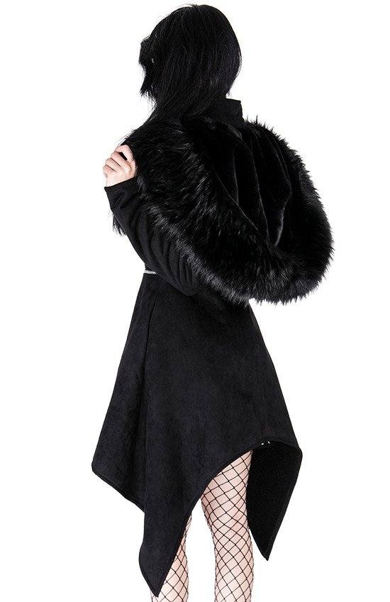 Black long gothic coat with oversized furry hood MYSTERIUM COAT - Restyle