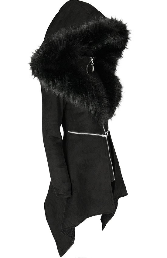 Black long gothic coat with oversized furry hood MYSTERIUM COAT