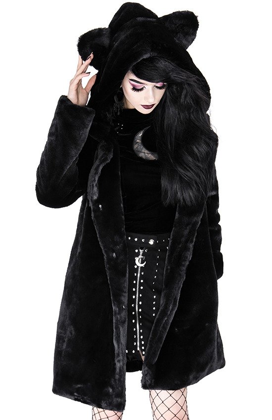 Black Warm Winter Cat Faux Fur Coat, Restyling Fur Coats Uk