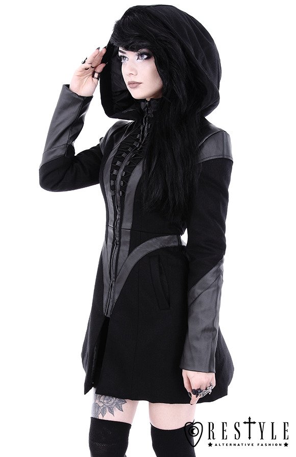 Black winter jacket with pockets, detachable hood FUTURE GOTH COAT -  Restyle