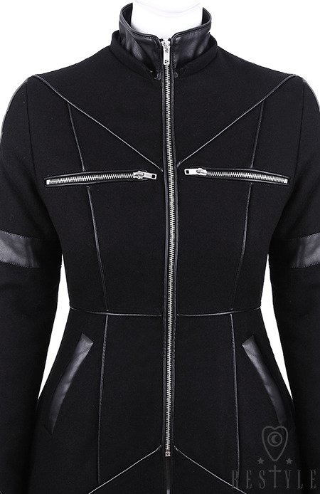 Black winter jacket with pockets, detachable hood, wool 