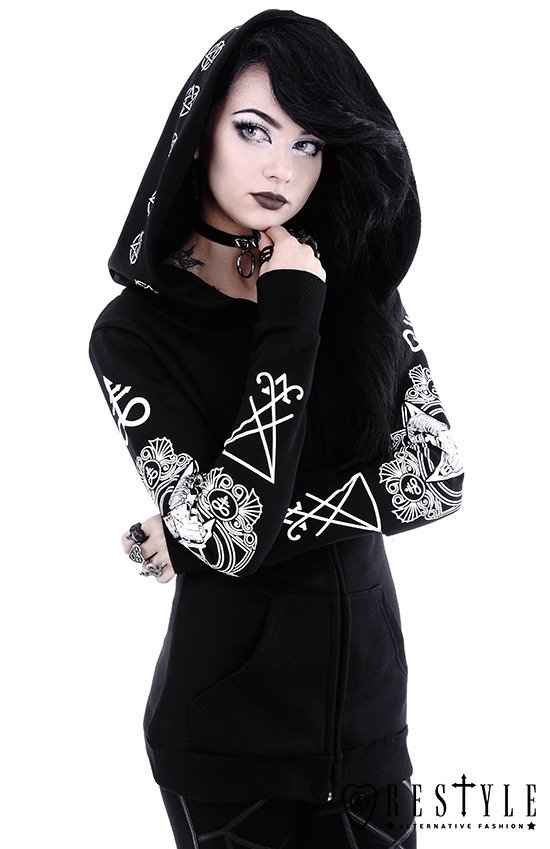 Gothic Blouse with oversized hood, ram skull and pentagram 