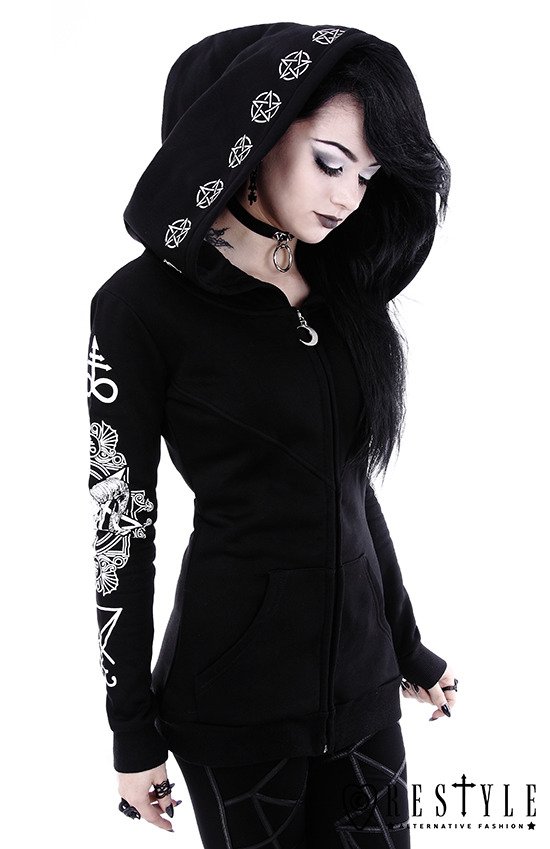 Gothic Blouse with oversized hood, ram skull and pentagram RITUAL HOODIE  - Restyle