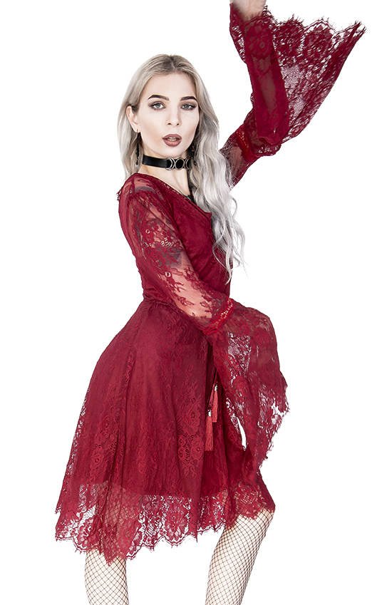 Gothic Eyelash Lace Dress Burgundy