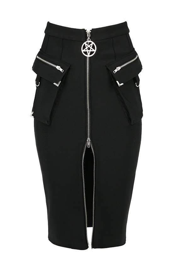 Gothic black woman pencil skirt with pockets UTILITY MIDI SKIRT