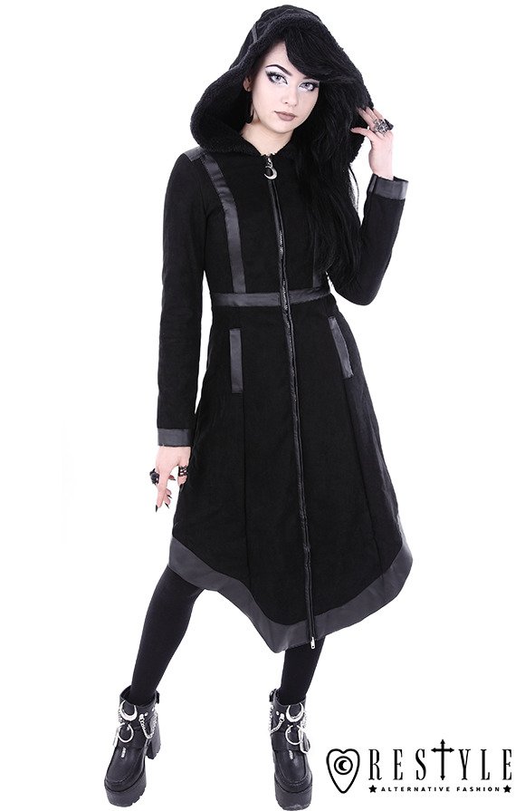 Gothic winter coat with oversized hood, embroidery 