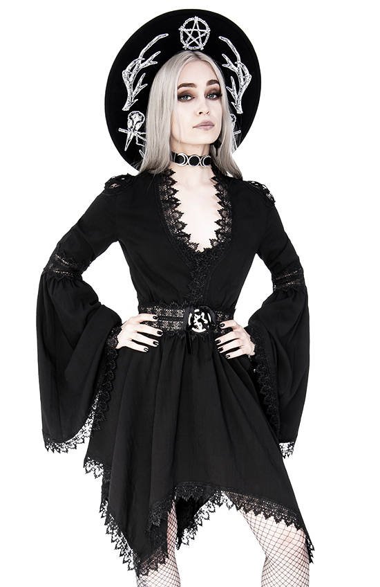 uublik Women Gothic Dress Long Sleeve Hollow Out Lace Patchwork Punk  Evening Dress