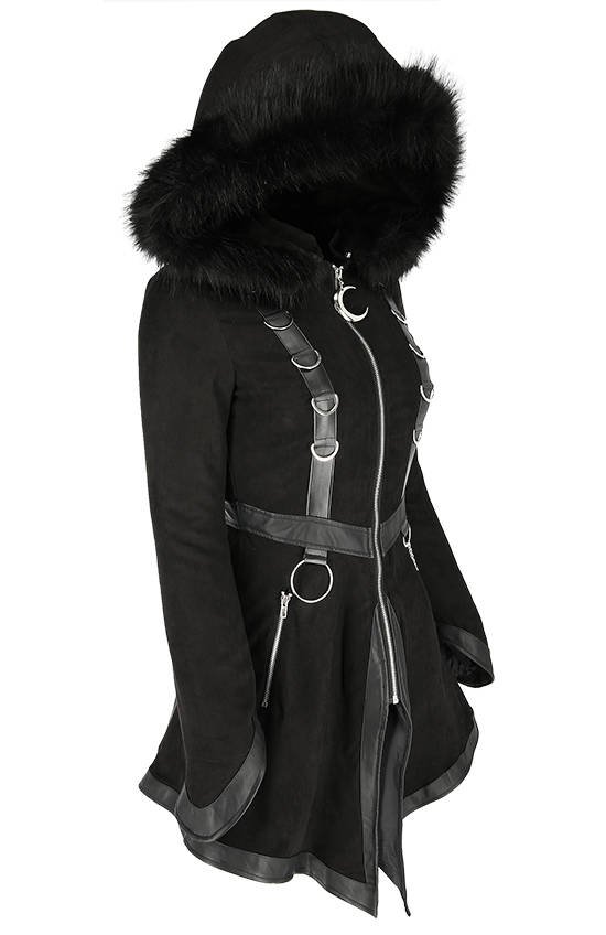 Long Black Dring Coat With Big Fur Hood, Black Winter Coat Faux Fur Hood