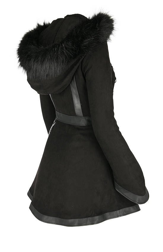 Long Black Dring Coat With Big Fur Hood, Big Fur Hood Coat With Belt