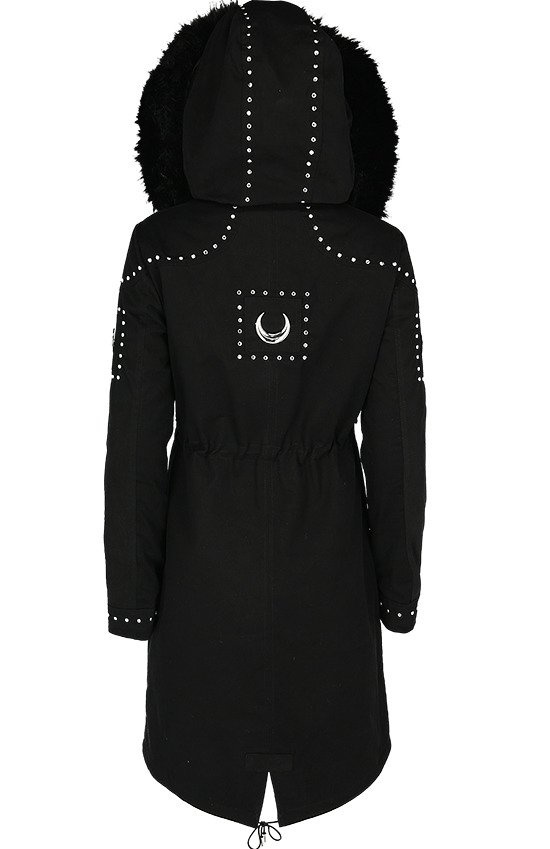 black winter coat with black fur hood