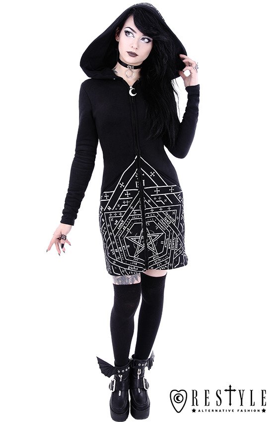 Long, gothic jacket with oversized hood and print 