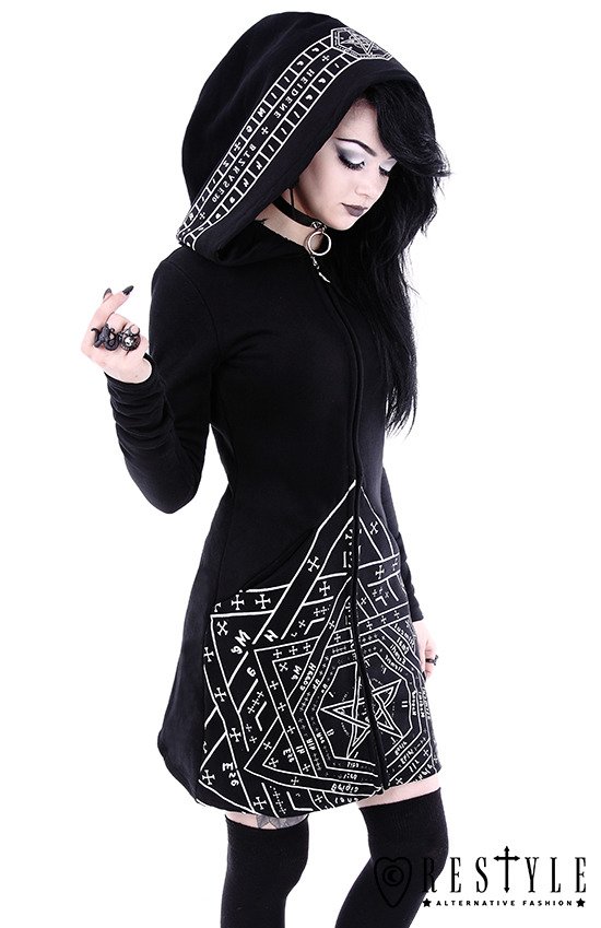 Long, gothic jacket with oversized hood and print 