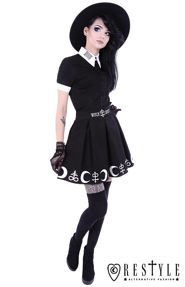 Black pleated short skirt with alchemy print, moon, symbols 