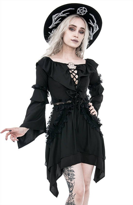 Witchy Bardot Dress with ruffles and pentagram - Restyle