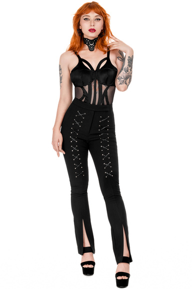 BONDED FLARE TROUSERS, HIGH WAIST LACED UP PANTS