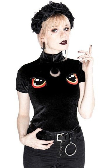 Black Velvet Cat Top with embroidery I SEE YOU