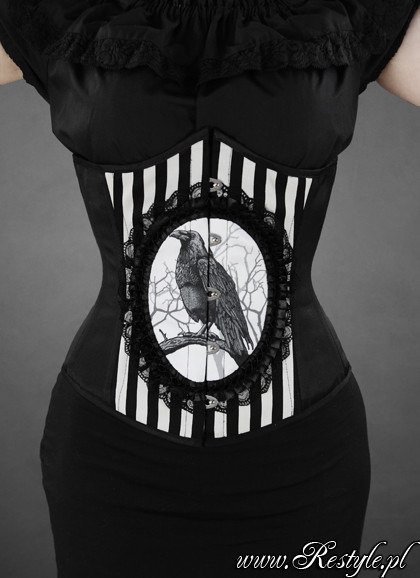 Black and white stripes cameo corset with crow "FANTASY RAVEN" 