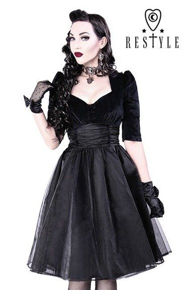 Black dress  pin up 50' heart neckline, organza R-14 BLACK VELVET DRESS