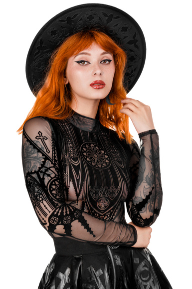 Black gothic INVERTED CATHEDRAL MESH BODYSUIT