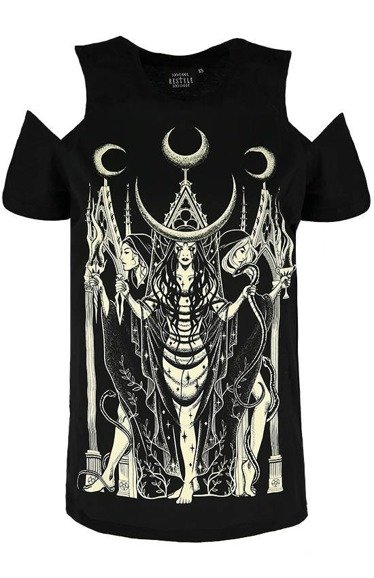 Black gothic T-shirt goddess HECATE COLD SHOULDER 
