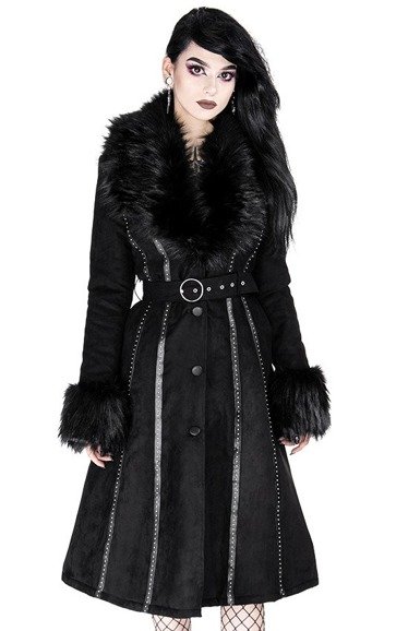 Black long gothic coat with faux fur FEMME FATALE COAT - Restyle