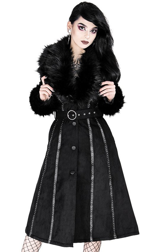 Black long gothic coat with faux fur FEMME FATALE COAT Restyle