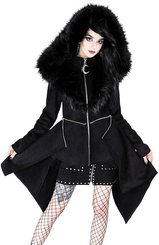 Black long gothic coat with oversized furry hood MYSTERIUM COAT Restyle