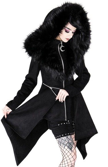 Black long gothic coat with oversized furry hood MYSTERIUM COAT 
