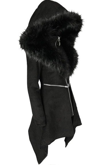 Black long gothic coat with oversized furry hood MYSTERIUM COAT - Restyle