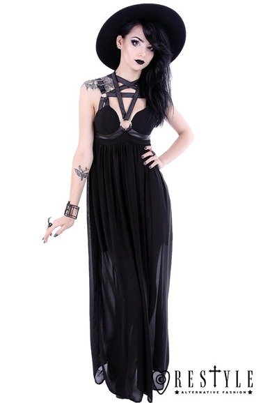 Black long gothic dress, leather straps, o-rings, witchy "PENTAGRAM DRESS"