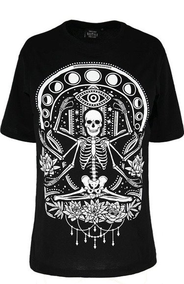 Black oversized t-shirt, skeleton in the lotus position, CHILL SKELETON